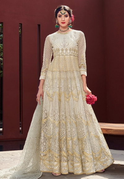 Off white net embroidered ankle length anarkali suit  1642